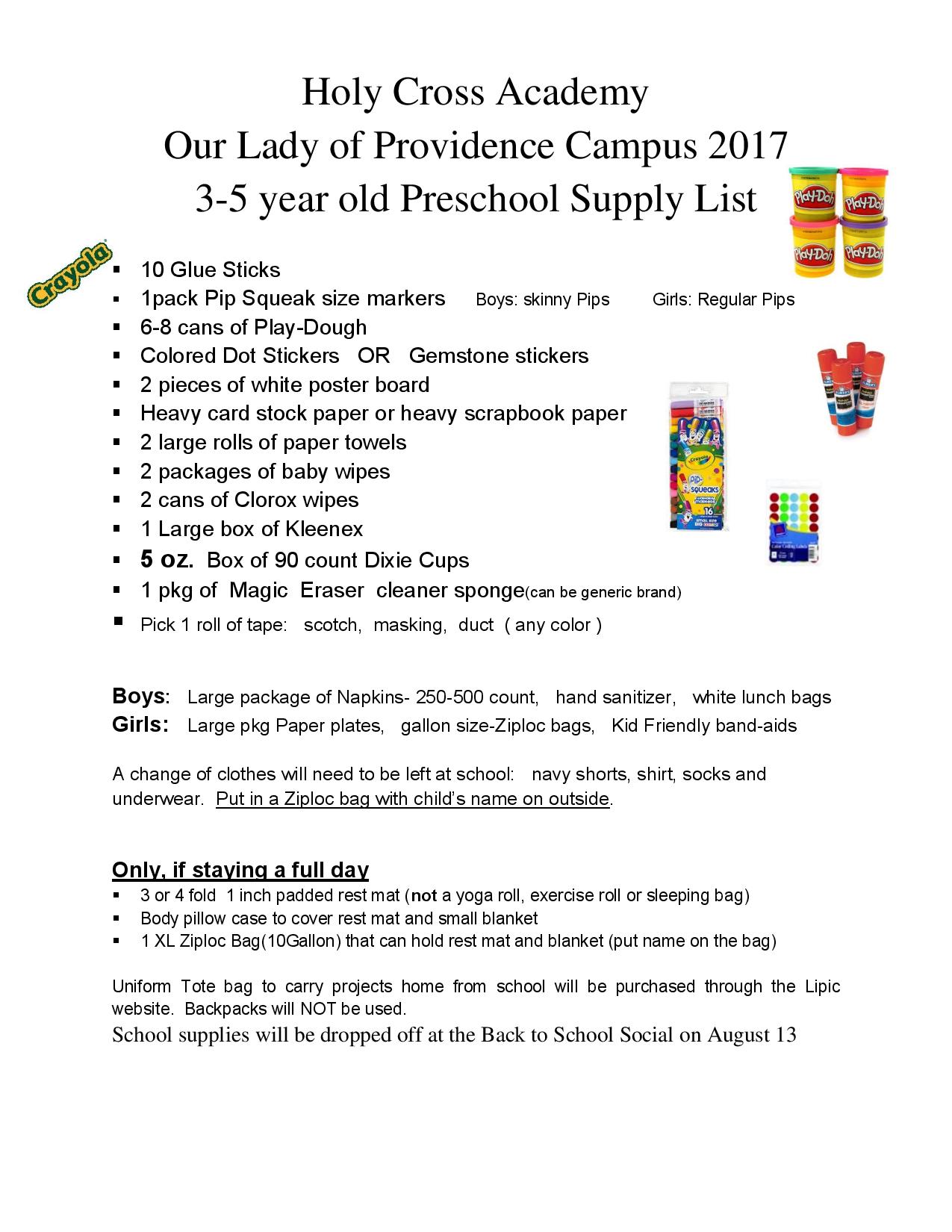 Holy Cross Academy Preschool Supply Lists