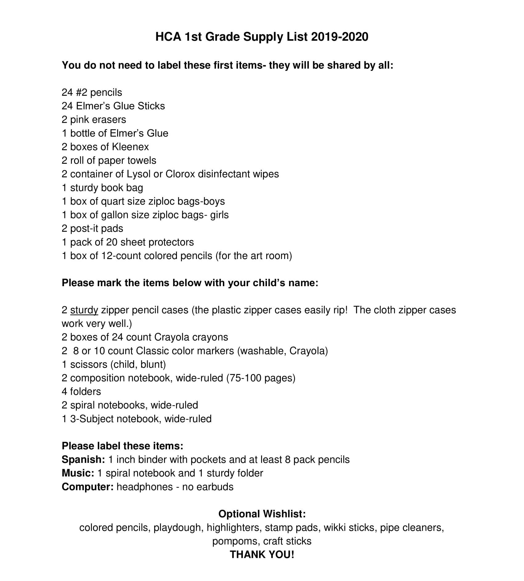 Holy Cross Academy Elementary Supply Lists